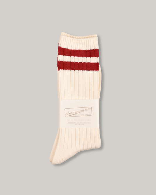 ANONYMOUS ISM WOOL CASHMERE NEON STRIPE CREW - OFF WHITE / BURGUNDY