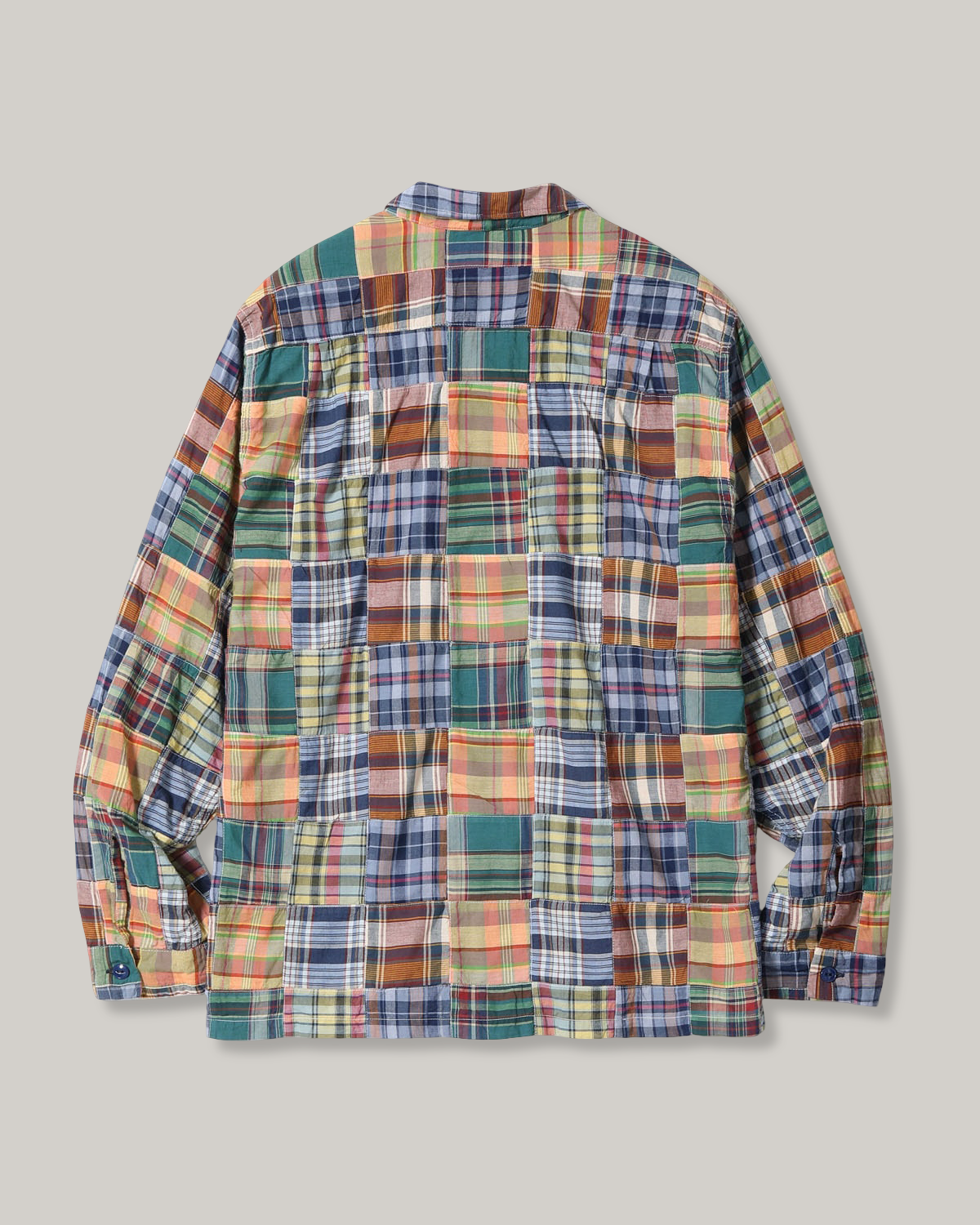 SUGAR CANE MADRAS CHECK PATCHWORK OPEN NECK SHIRT - NAVY