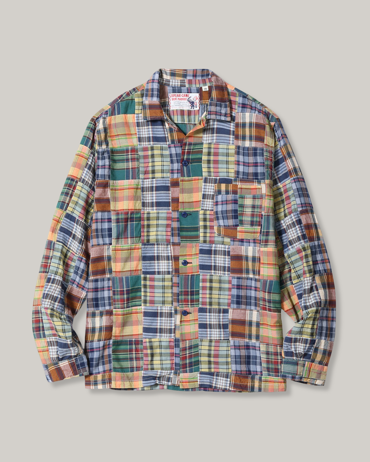 SUGAR CANE MADRAS CHECK PATCHWORK OPEN NECK SHIRT - NAVY