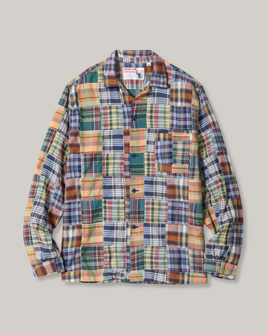 SUGAR CANE MADRAS CHECK PATCHWORK OPEN NECK SHIRT - NAVY