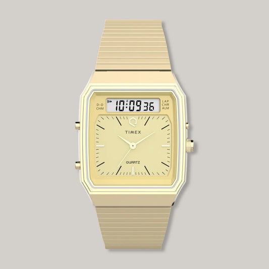 Q TIMEX® 1982  ANA-DIGI REISSUE 33MM GOLD-TONE BRACELET WATCH