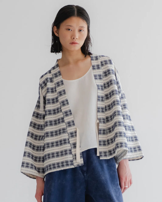GIRLS OF DUST KIMONO - BELDI JACQUARD - OFF WHITE/ BLUE