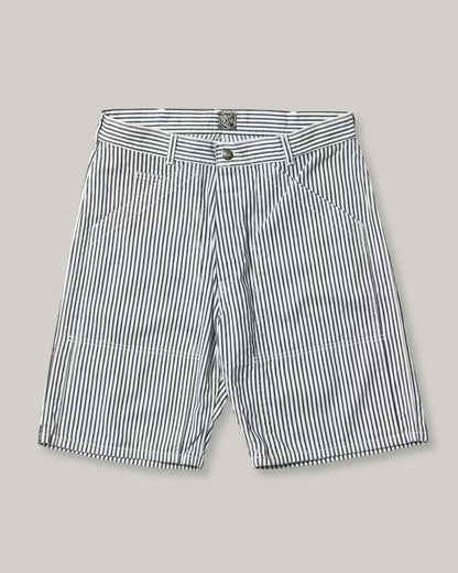 SUGAR CANE 'FICTION ROMANCE' 6oz. INDIGO STRIPE DOUBLE KNEE SHORTS - OFF WHITE