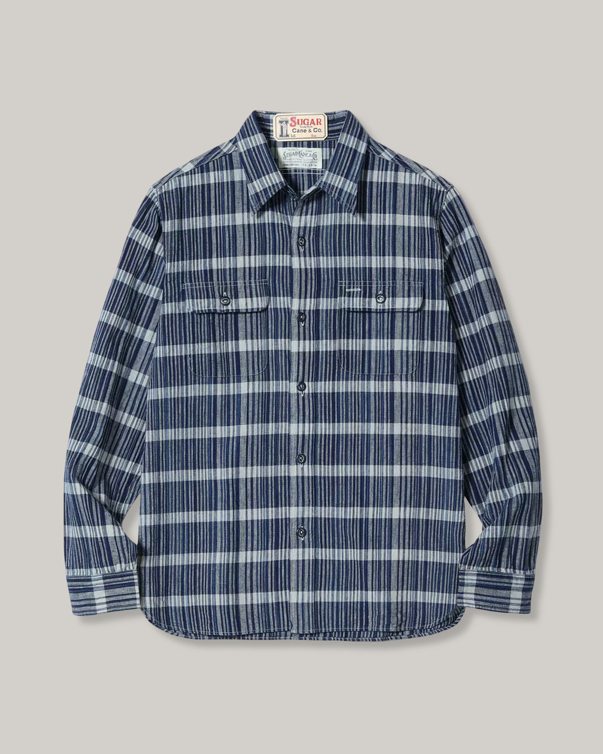 SUGAR CANE FICTION ROMANCE 5oz. INDIGO CHECK WORK SHIRT - NAVY
