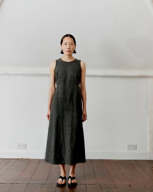 CAWLEY JAPANESE COTTON LINEN DYED BACK ERIKA DRESS - BLACK