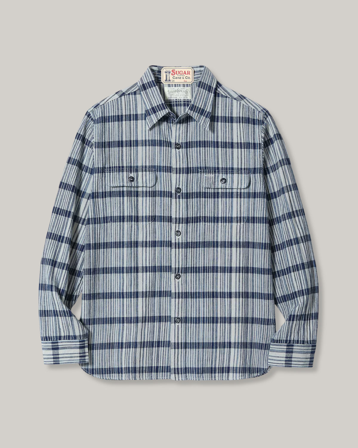 SUGAR CANE FICTION ROMANCE 5oz. INDIGO CHECK WORK SHIRT - OFF WHITE
