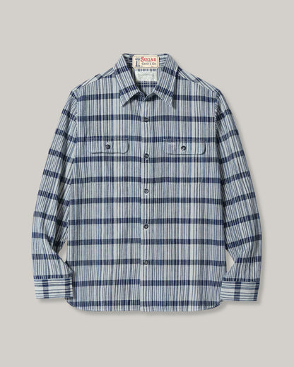 SUGAR CANE FICTION ROMANCE 5oz. INDIGO CHECK WORK SHIRT - OFF WHITE