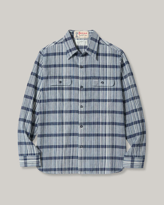 SUGAR CANE FICTION ROMANCE 5oz. INDIGO CHECK WORK SHIRT - OFF WHITE