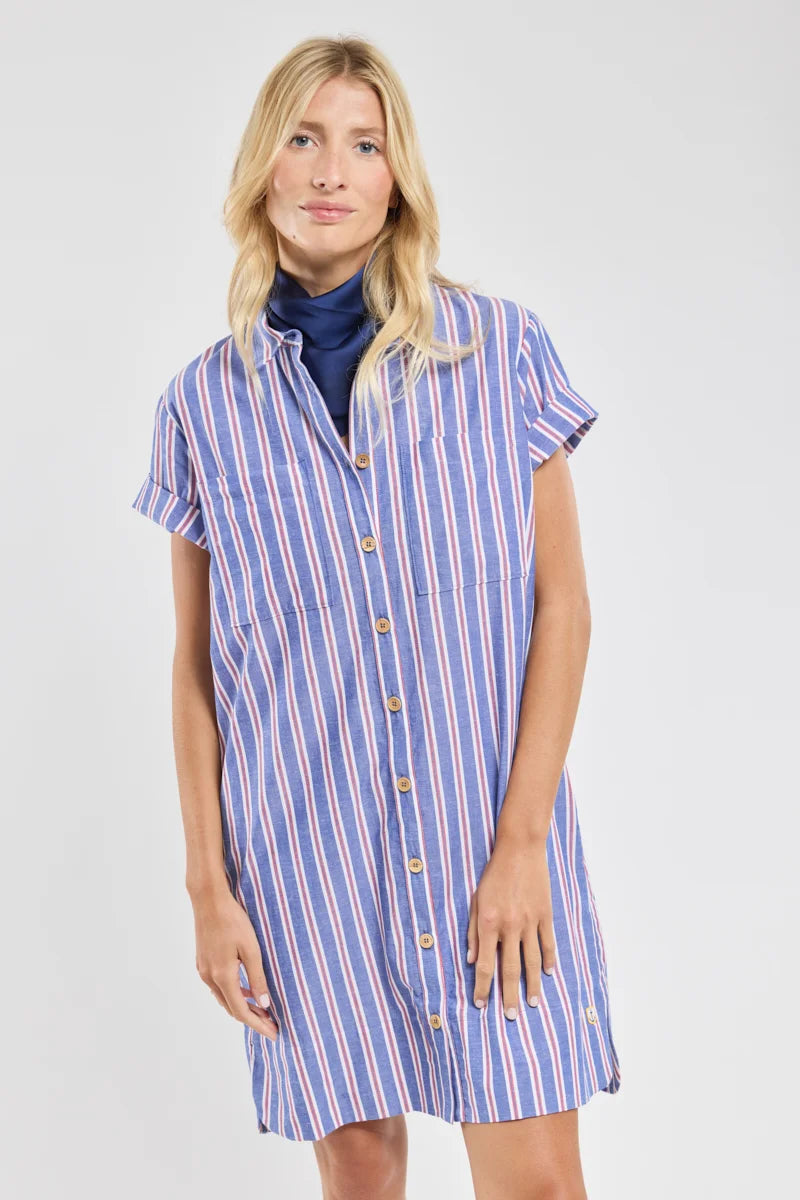 ARMOR LUX STRIPED SHIRT DRESS - SEAL/ECRU/ ROUGE
