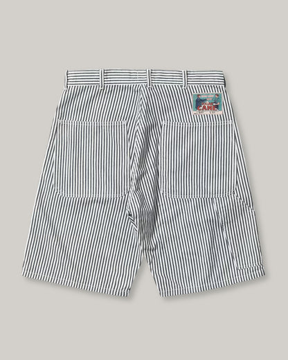SUGAR CANE 'FICTION ROMANCE' 6oz. INDIGO STRIPE DOUBLE KNEE SHORTS - OFF WHITE
