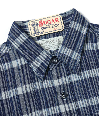 SUGAR CANE FICTION ROMANCE 5oz. INDIGO CHECK WORK SHIRT - NAVY