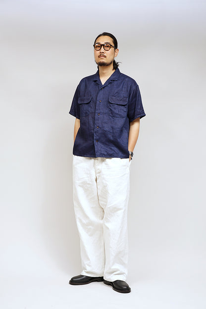 NIGEL CABOURN  MAINLINE OPEN COLLAR LINEN SHIRT - INDIGO
