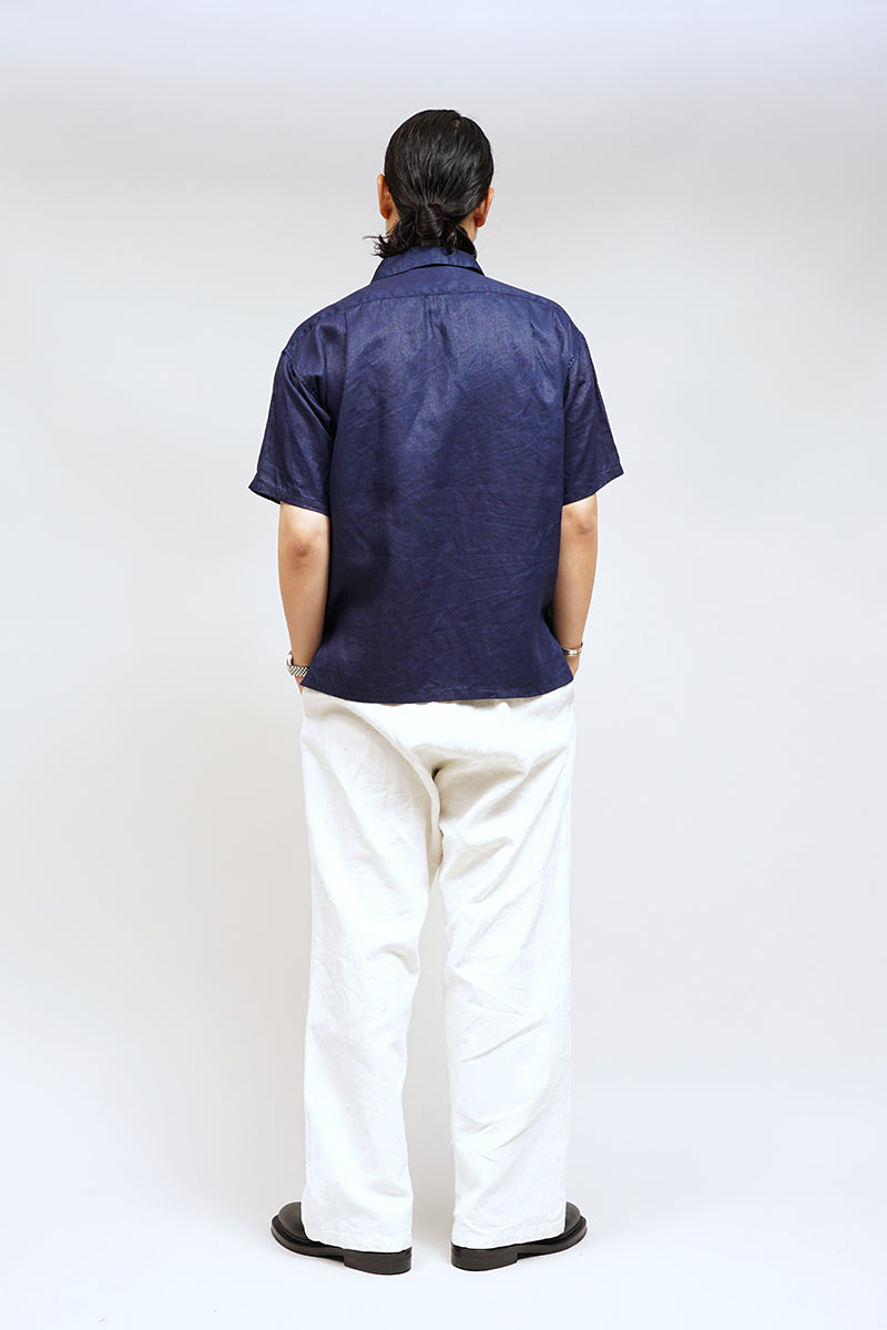 NIGEL CABOURN  MAINLINE OPEN COLLAR LINEN SHIRT - INDIGO