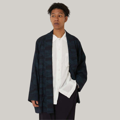 BLUE BLUE JAPAN WIND FLOW PATTERN WOOL PIGMENT PRINTED HAORI JACKET - NAVY