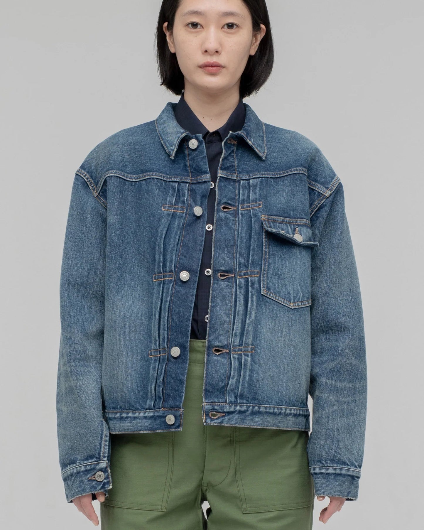 CIOTA SINGLE POCKET DENIM JACKET - MEDIUM DARK BLUE DAMAGE