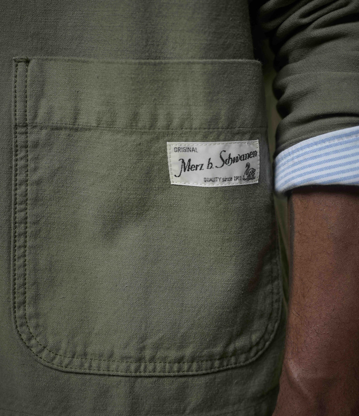 MERZ B. SCHWANEN CROPPED SATEEN CANVAS WORKER'S JACKET - ARMY GREEN