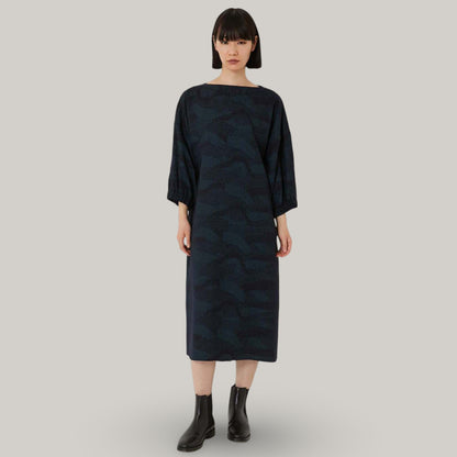 BLUE BLUE JAPAN WIND FLOW PATTERN WOOL PULLOVER DRESS - NAVY