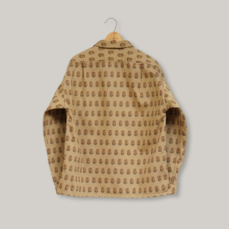 NIGEL CABOURN  MAINLINE OPEN COLLAR SHIRT - KHAKI ROKUTA PATTERN