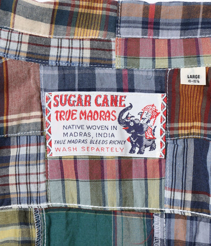 SUGAR CANE MADRAS CHECK PATCHWORK OPEN NECK SHIRT - NAVY