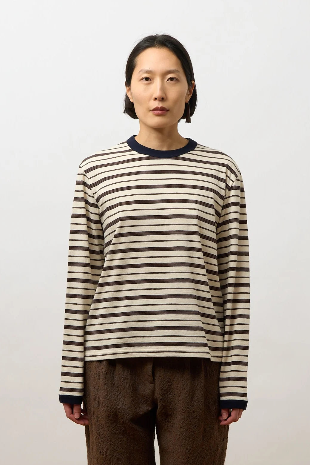 CAWLEY STRIPED JERSEY LONG SLEEVE T-SHIRT - ECRU/ NAVY/ OCHRE STRIPE