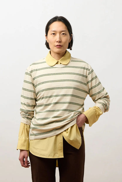 CAWLEY STRIPED JERSEY LONG SLEEVE T-SHIRT - ECRU/ GREEN/ BLUE STRIPE