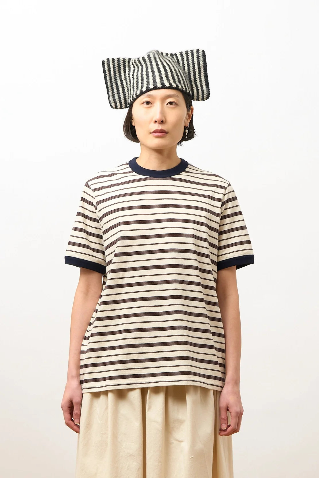 CAWLEY STRIPED JERSEY S/S T-SHIRT - ECRU/ NAVY/ OCHRE STRIPE
