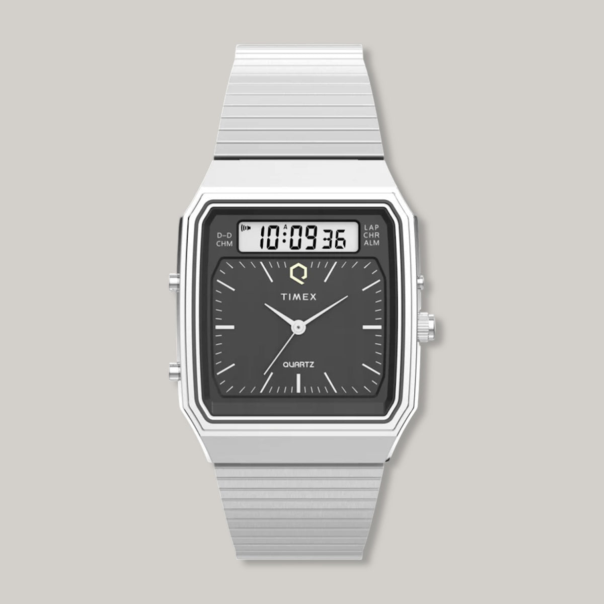 Q TIMEX® 1982  ANA-DIGI REISSUE 33MM STAINLESS STEEL BRACELET WATCH