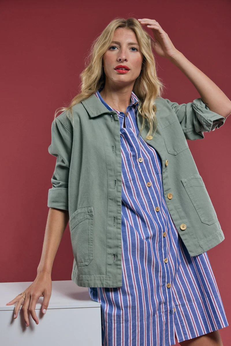 ARMOR LUX STRIPED SHIRT DRESS - SEAL/ECRU/ ROUGE