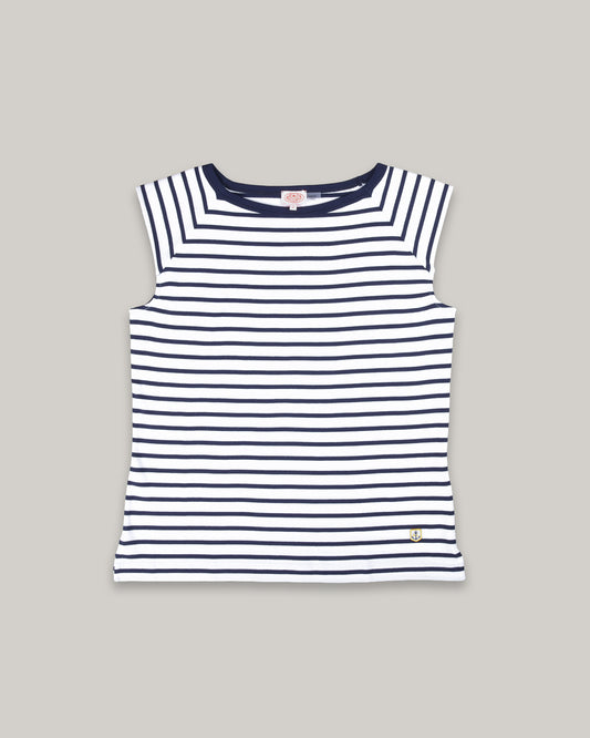 ARMOR LUX LADIES SLEEVELESS BRETON T-SHIRT - WHITE/ SEAL