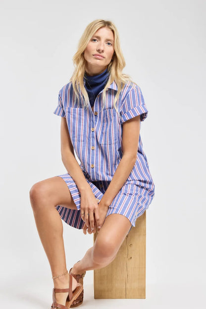ARMOR LUX STRIPED SHIRT DRESS - SEAL/ECRU/ ROUGE