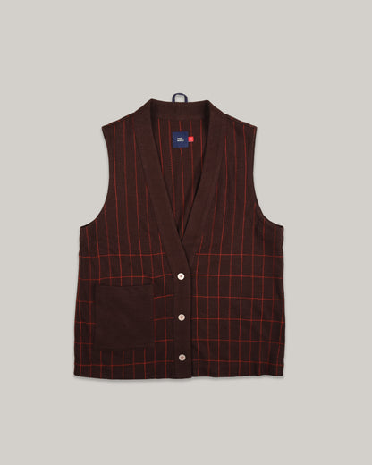 WORK WORKS WOMEN'S ZIGZAG EMBROIDERY V-NECK VEST - BROWN/ ORANGE