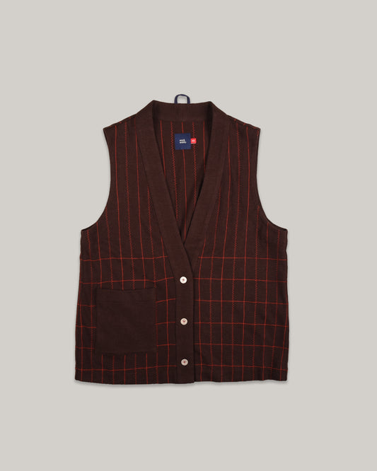 WORK WORKS WOMEN'S ZIGZAG EMBROIDERY V-NECK VEST - BROWN/ ORANGE