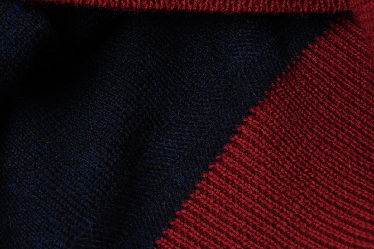 STEVENSON OVERALL CO.  DOUBLE V-GUSSET WOOL SWEATER - NAVY x RED